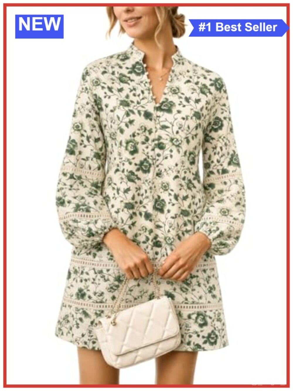 Floral Mini Dress Puff Long Sleeve Stand Collar A Line Cotton Shift